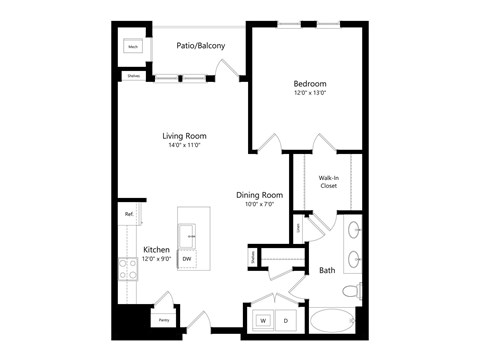 Floor plan for 1 bed, 1 bath, 831 sqft